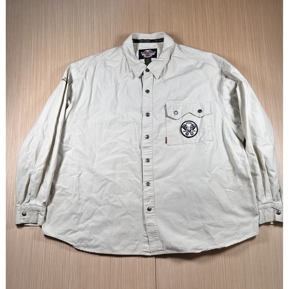 Harley Davidson Motorcycles Shirt Mens‎ 3XL Gray Cotton Patch Logo Button Up